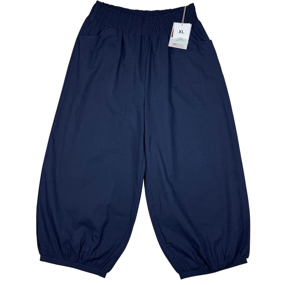 NWT Fashion Pant Cotton Linen Lantern Boho Lagenlook Women XL Navy Blue Textured